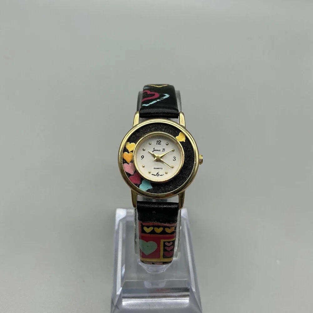 Jennie B Women Watch 24mm White Dial Black Hearts Design Band Gold Tone New Batt
